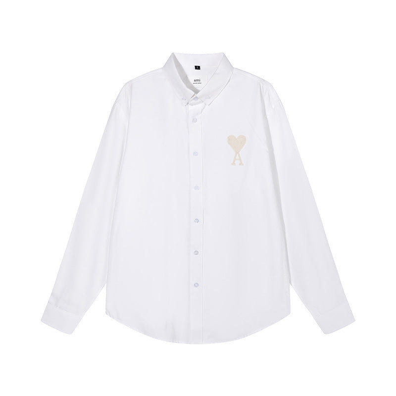 Trendy Brand Am* Small Heart Embroidered Shirt Casual Loose Fit Unisex Couple Style Amy Cotton Long Sleeve Top