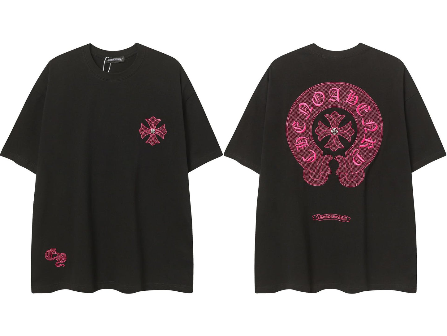 2025 New CHRM Heart Cross Sanskrit Patch Print Embroidery Loose Short Sleeve for Men and Women