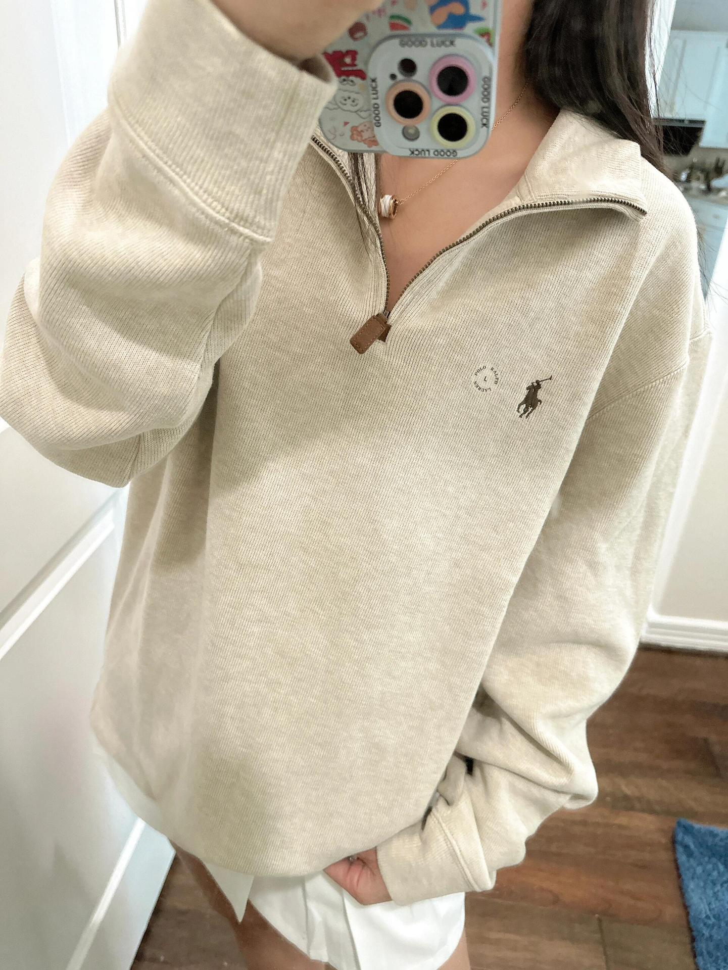 RL Ralph Pony Label Retro Couple Sweatshirt Women Long Sleeve Sweatshirt Men Polo Half Zipper Turn-down Collar Loose American Style