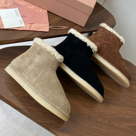 French Style Sheepskin Thick-Soled Snow Boots Round Toe Cow Suede Patchwork Warm Short Boots Versatile Flat Short Cotton Boots