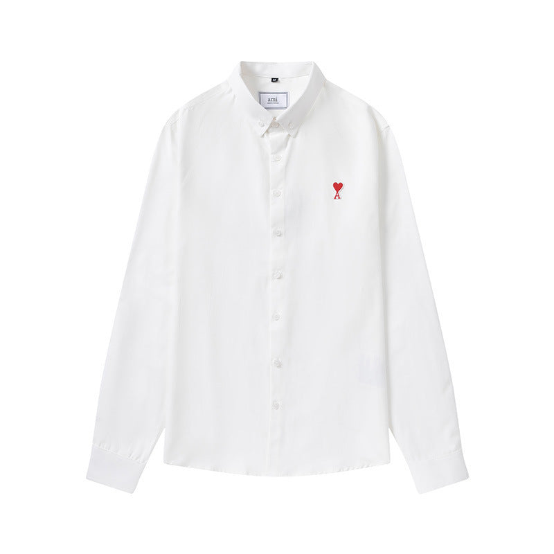 Trendy Brand Am* Small Heart Embroidered Shirt Casual Loose Fit Unisex Couple Style Amy Cotton Long Sleeve Top