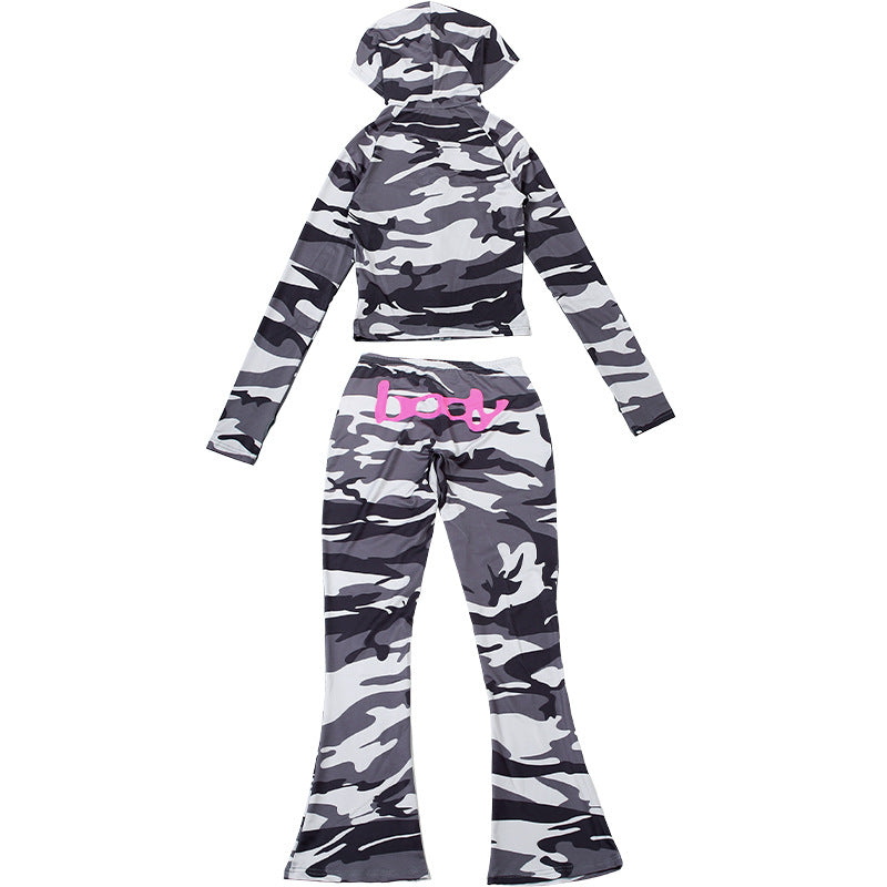 2025 Autumn Women's New Fashion Hooded Camouflage Print Long Sleeve Sports Trendy Slim Fit Long Pants Two-Piece Set