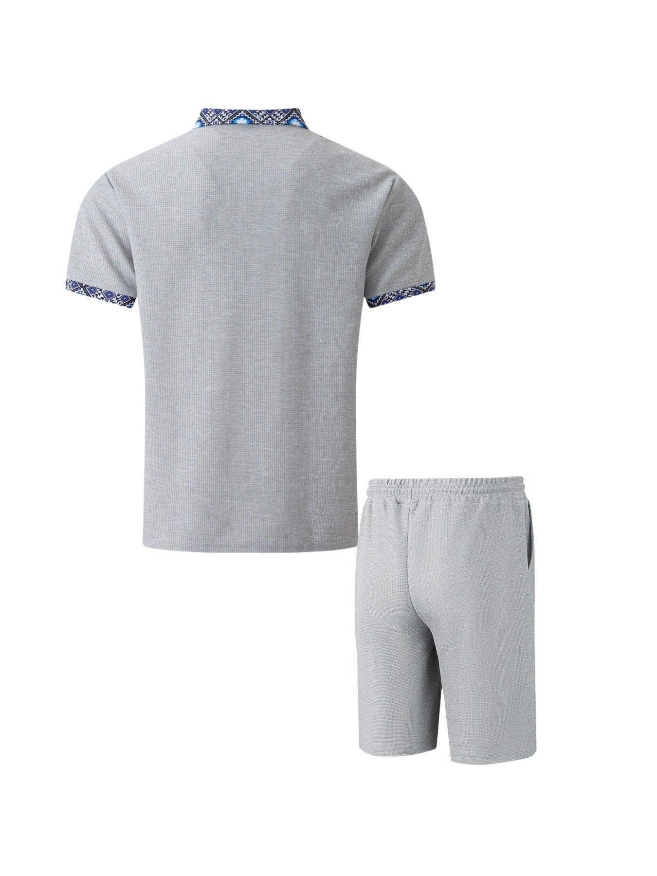 Men's New Waffle Zipper Solid Color Turn-Down Collar Short Sleeve T-Shirt Shorts Casual Set