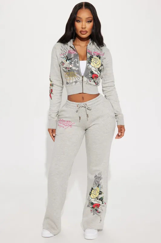 2025 European and American Women's Clothing Spring and Autumn Fashion Outdoor Casual Street Positioning Printing Sweatshirt and Sweatpants Suit