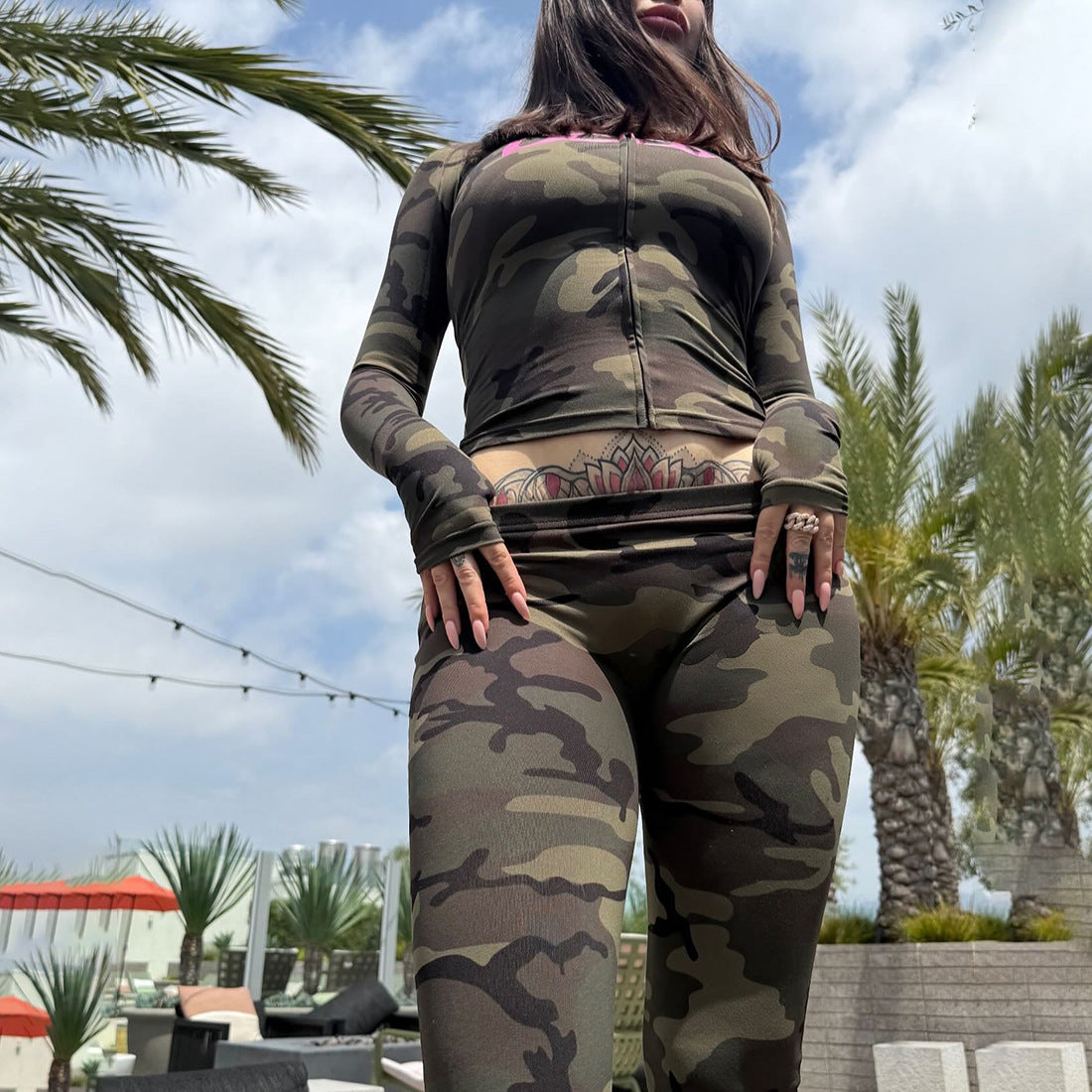 2025 Autumn Women's New Fashion Hooded Camouflage Print Long Sleeve Sports Trendy Slim Fit Long Pants Two-Piece Set