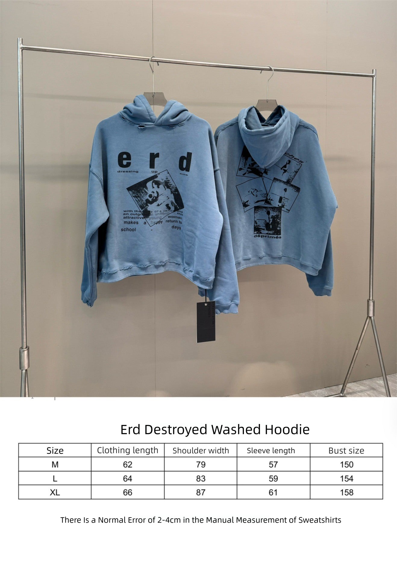 High-Quality ERD Melancholy Rich Second Generation Hooded Sweatshirt Washed Vintage Distressed Jacket Autumn Winter Zipper Coat