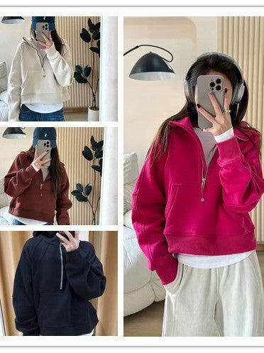 Lulu Same Style Winter Half-Zip Loose Hooded Sweatshirt for Women, Autumn and Winter Fleece-Lined Slim Fit Hoodie Jacket