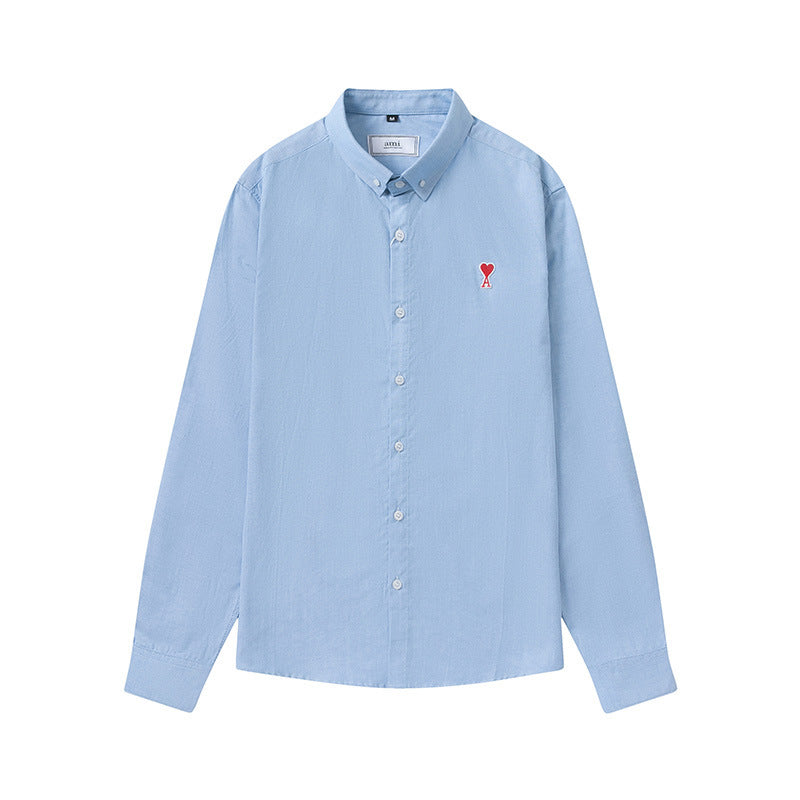 Trendy Brand Am* Small Heart Embroidered Shirt Casual Loose Fit Unisex Couple Style Amy Cotton Long Sleeve Top