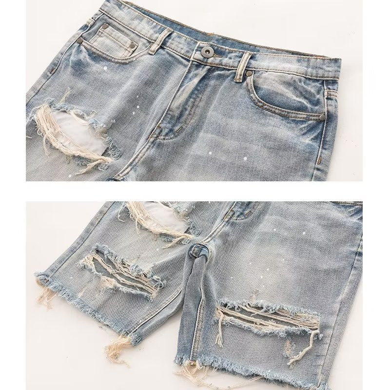 Men's vintage distressed ripped denim shorts image 4