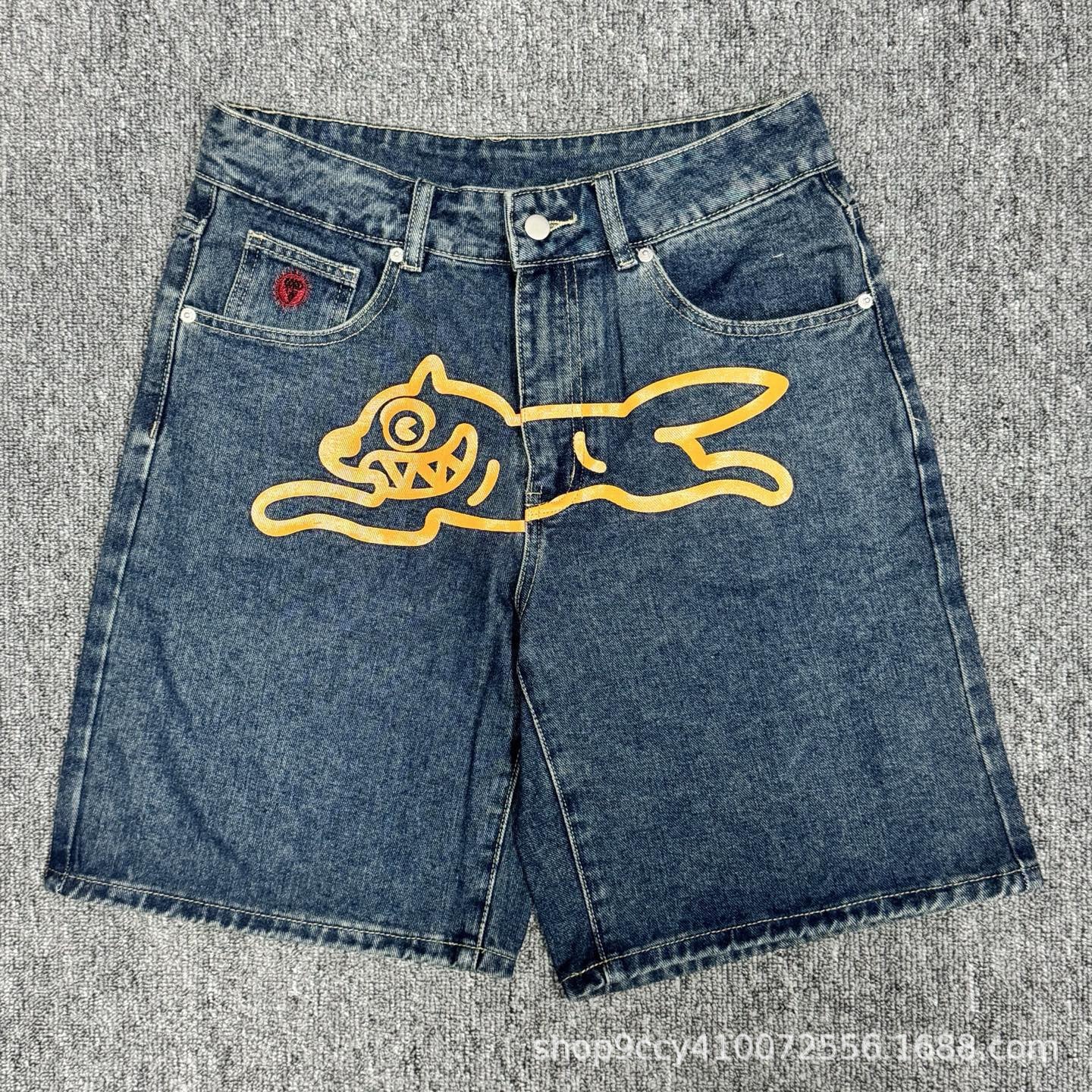 VARIANT_IMAGE::Dark Blue / Orange Graphic | Dog graphic denim shorts