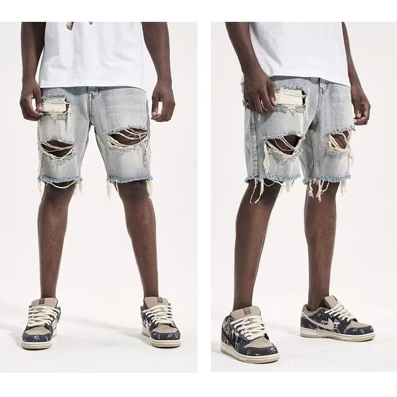 Men's vintage distressed ripped denim shorts image 1