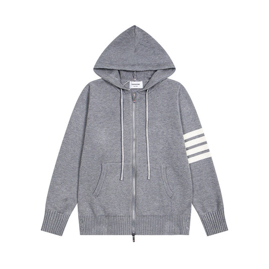Tom Browne TB Sailboat Hooded Cardigan Color Block Zipper Knitted Sweater Jacket