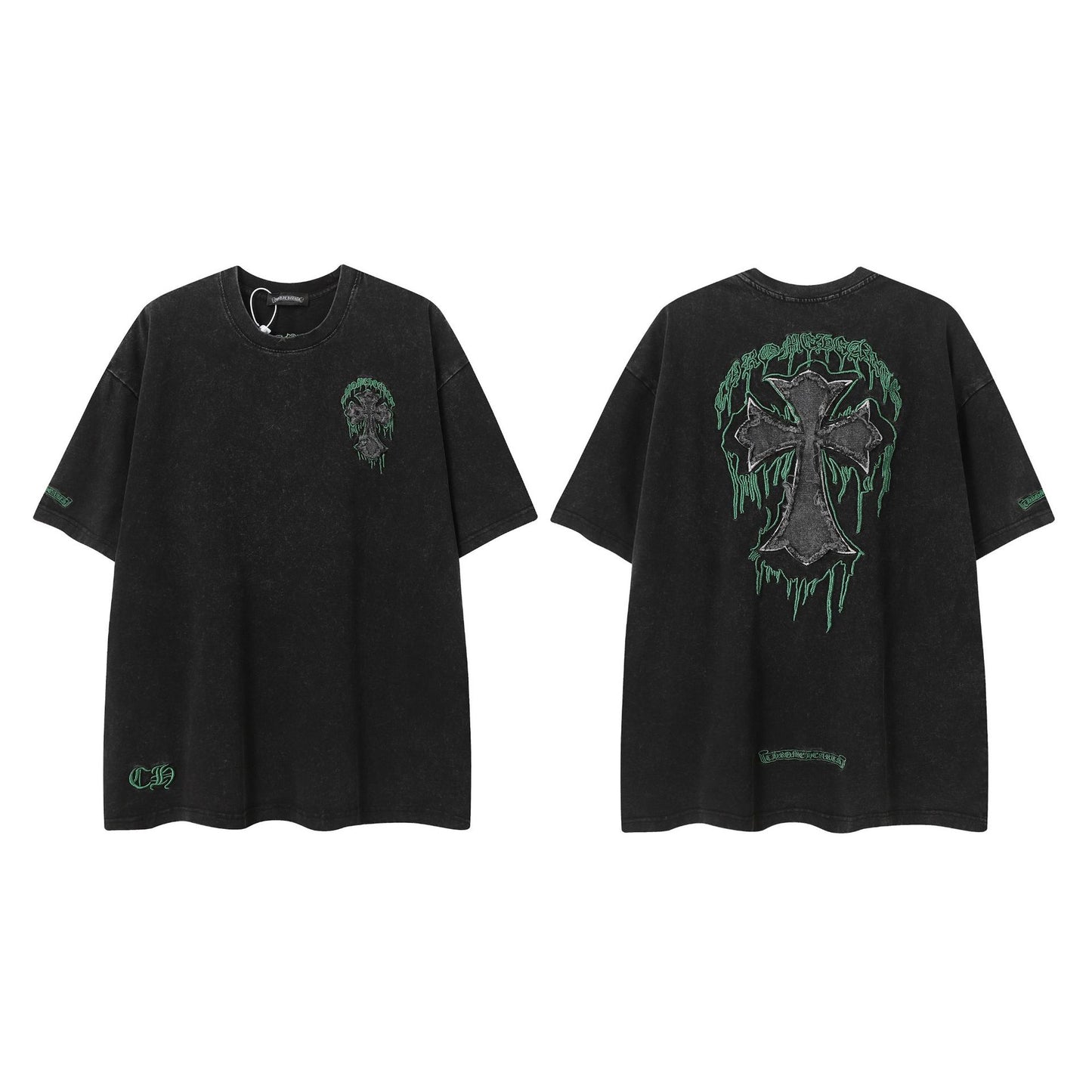 2025 New CHRM Heart Cross Sanskrit Patch Print Embroidery Loose Short Sleeve for Men and Women