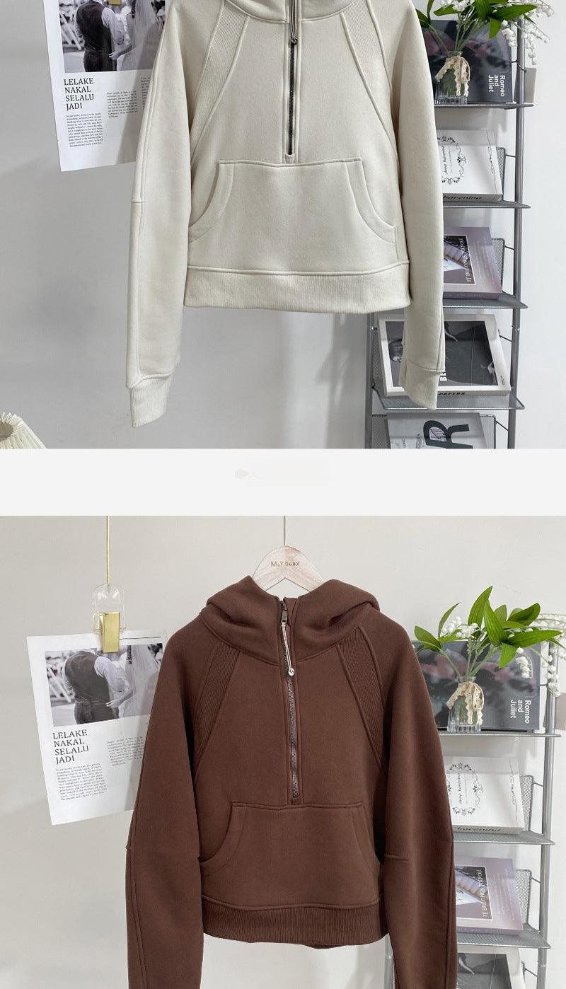 Lulu Same Style Winter Half-Zip Loose Hooded Sweatshirt for Women, Autumn and Winter Fleece-Lined Slim Fit Hoodie Jacket