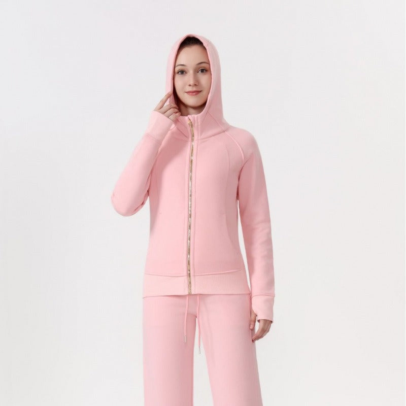 LULU Embroidered Hooded Zipper Cardigan Slim Fit Sweatshirt Set Fleece Lined Full Zipper Cardigan Jacket Gold Label