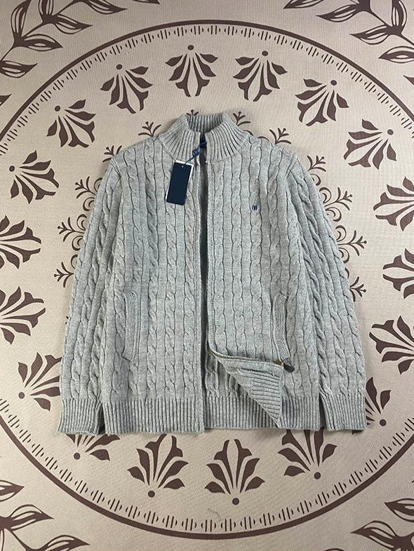 RL Raff Pony Label Autumn Winter Warm Cable Knit Zipper Sweater Cardigan Women Embroidered Cable Cardigan Men