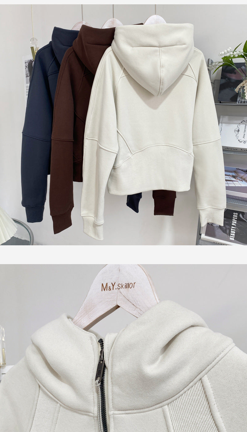 Lulu Same Style Winter Half-Zip Loose Hooded Sweatshirt for Women, Autumn and Winter Fleece-Lined Slim Fit Hoodie Jacket