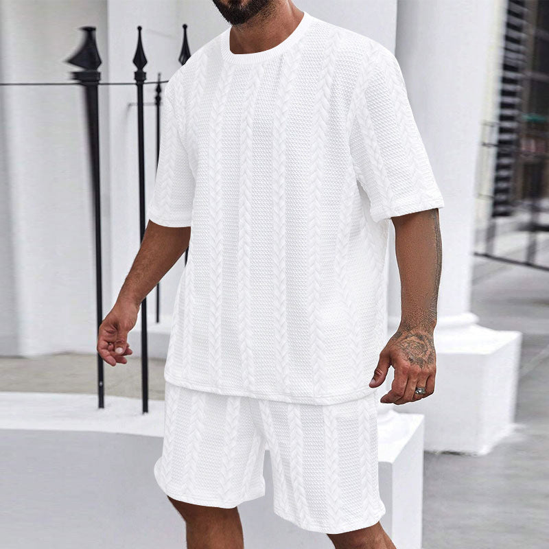 New Knitted Solid Color Jacquard Men's Summer Suit Casual Round Neck Pullover T-shirt Sports Men's Suit