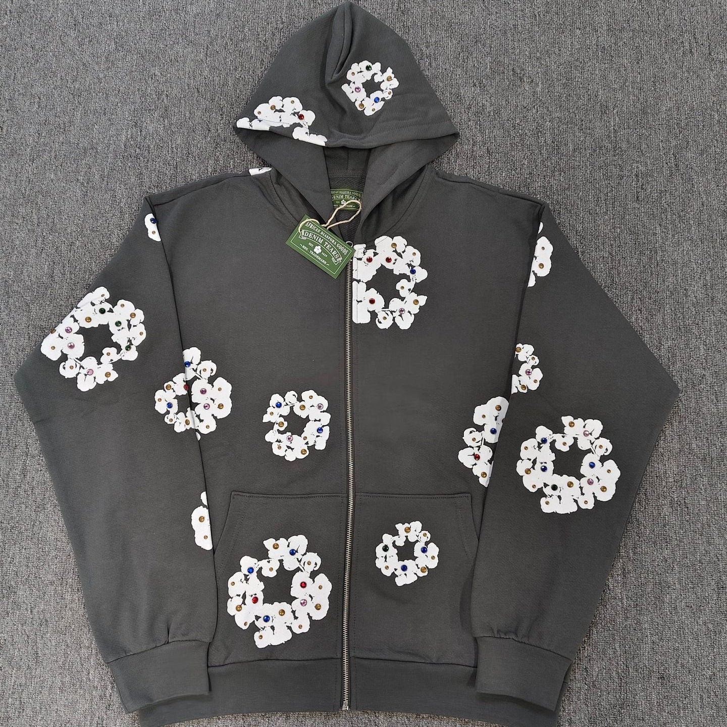 DENIM TEARS Gemstone Kapok Hoodie Trendy Brand Casual Zipper Jacket Hooded Sweatshirt