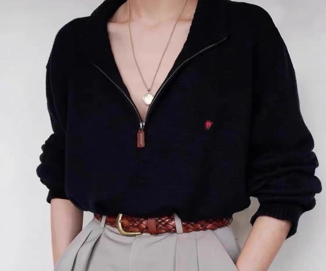 RL Ralph Pony Label Retro Couple Sweatshirt Women Long Sleeve Sweatshirt Men Polo Half Zipper Turn-down Collar Loose American Style