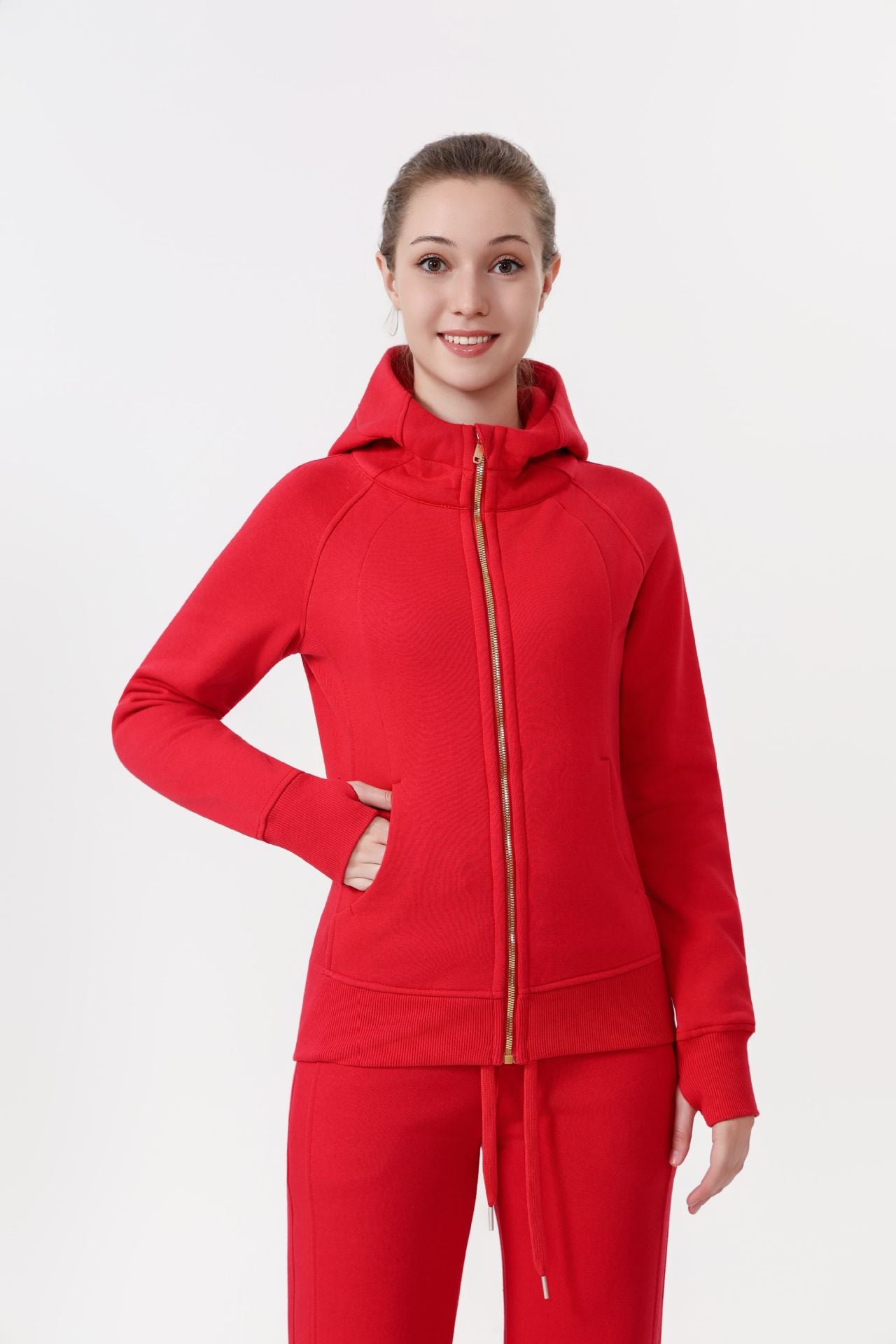 LULU Embroidered Hooded Zipper Cardigan Slim Fit Sweatshirt Set Fleece Lined Full Zipper Cardigan Jacket Gold Label