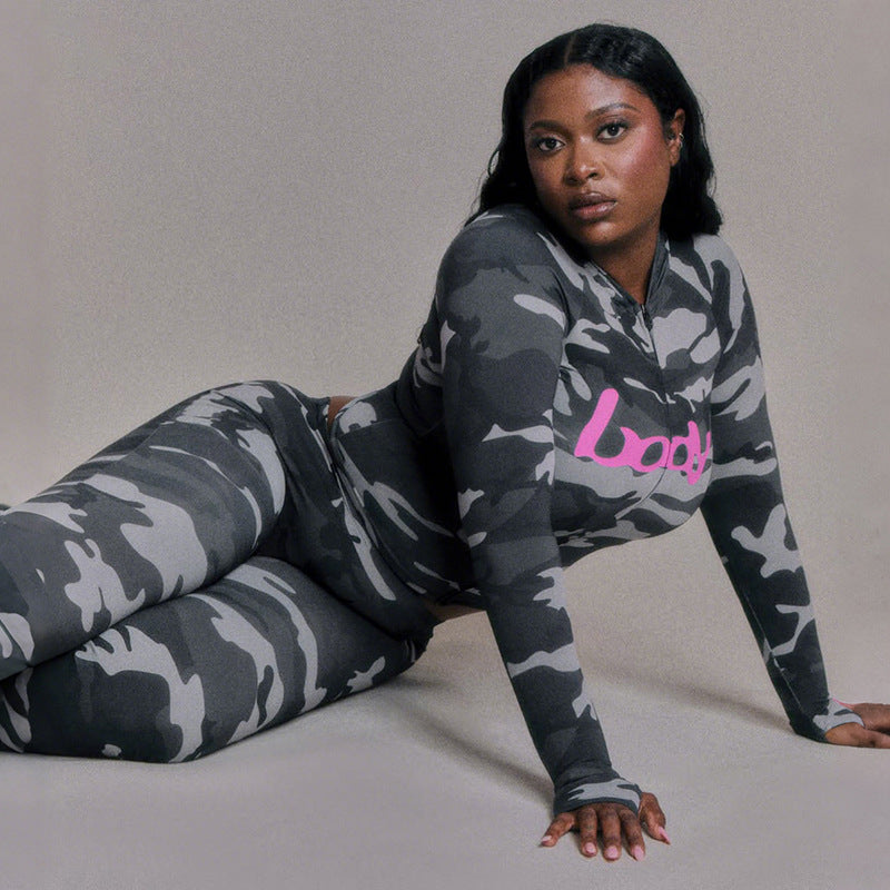 2025 Autumn Women's New Fashion Hooded Camouflage Print Long Sleeve Sports Trendy Slim Fit Long Pants Two-Piece Set