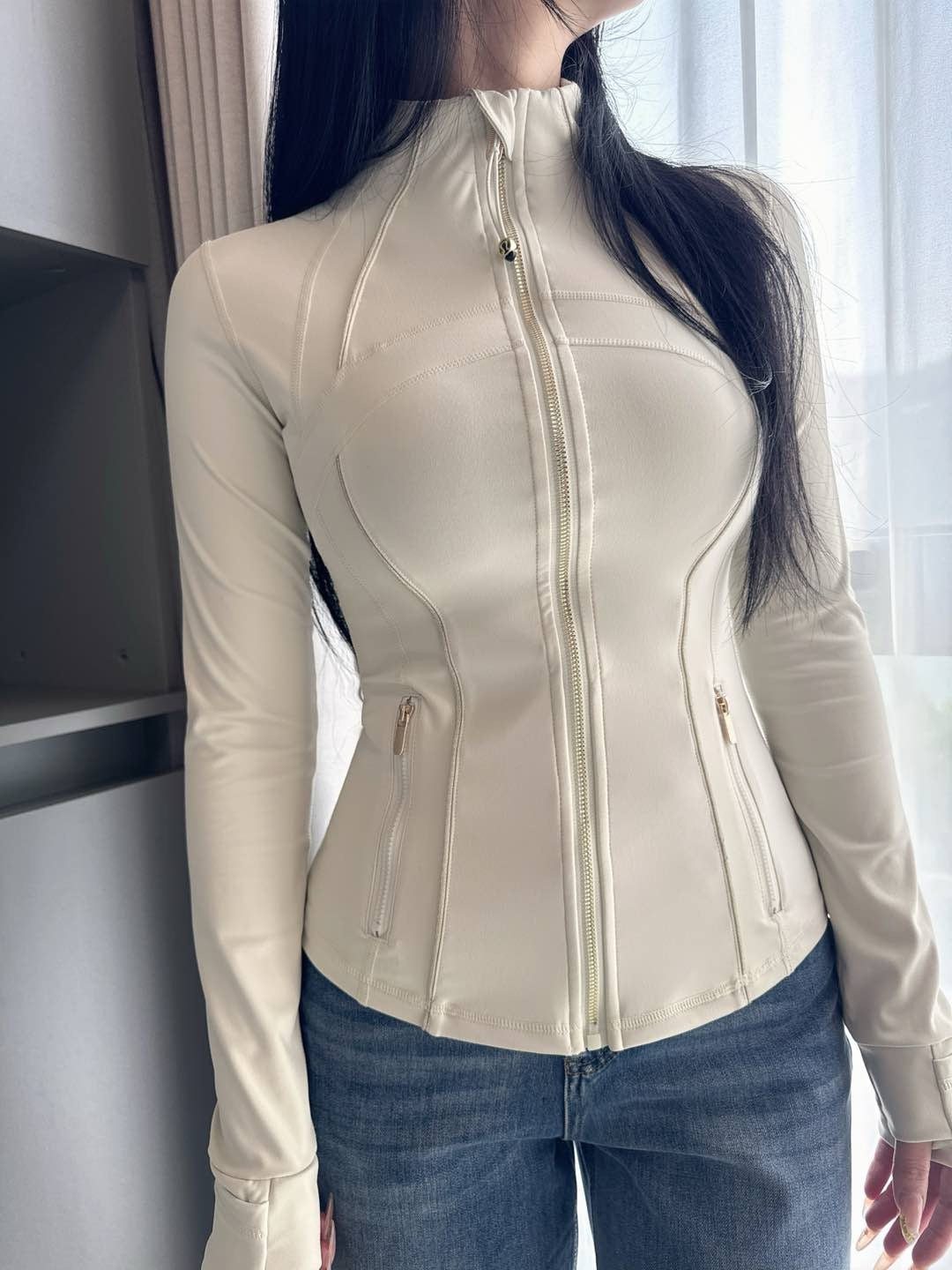 woman wearing Golden Edge Define Slim Sports Jacket in Twilight Rose during yoga session