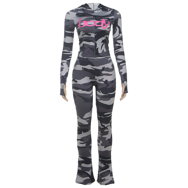 2025 Autumn Women's New Fashion Hooded Camouflage Print Long Sleeve Sports Trendy Slim Fit Long Pants Two-Piece Set