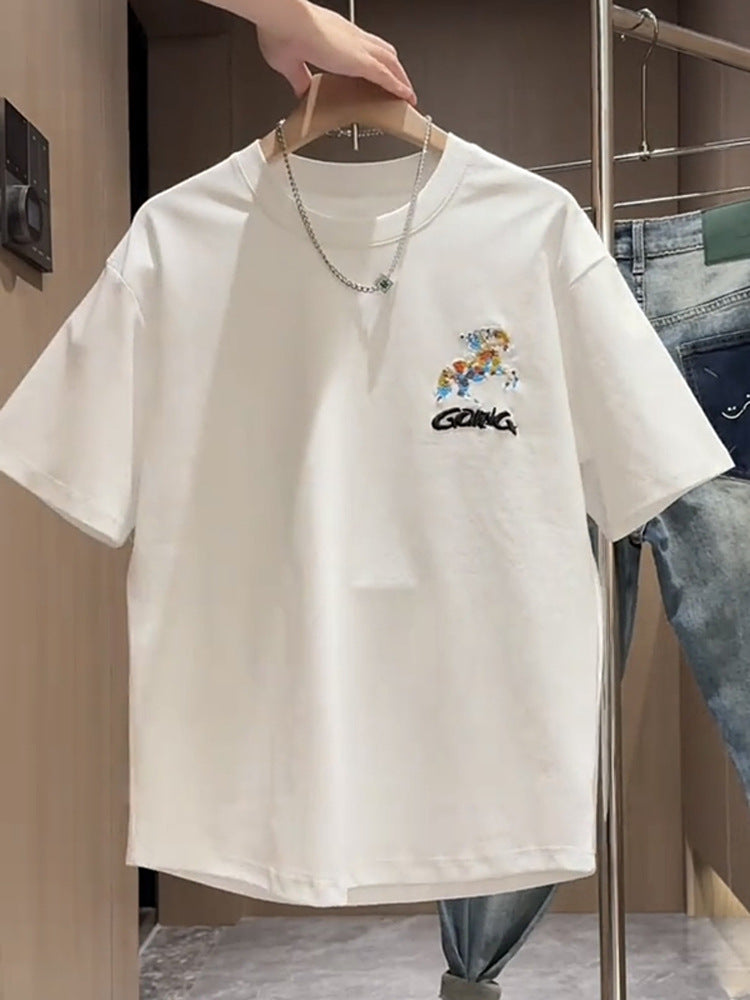 Summer New Foam Print Embroidered Round Neck Short Sleeve Men's Trendy Fashion Loose Versatile Cool Casual Half Sleeve