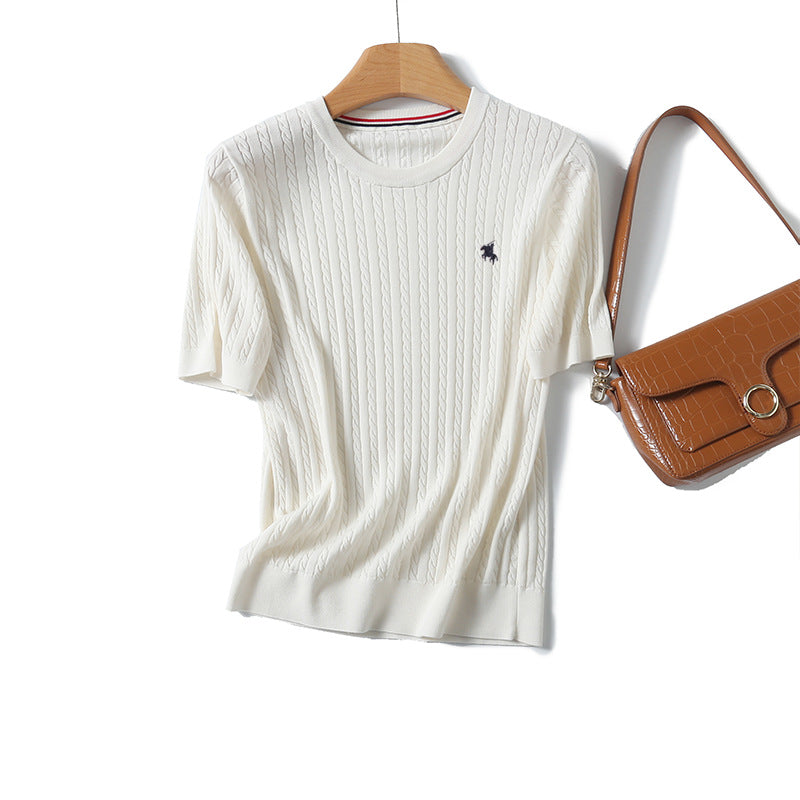 Miu Series Spring and Summer round Neck Embroidered Ruff Pony Fashion Simple Knitwear Female Tn2258 Fashion All-Matching