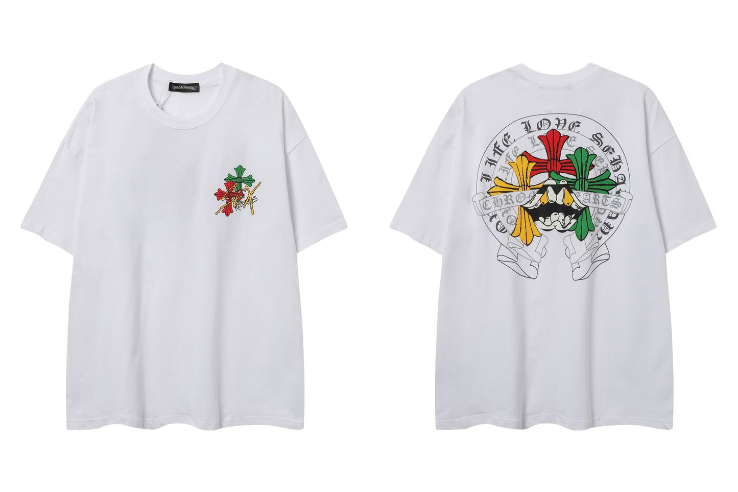 2025 New CHRM Heart Cross Sanskrit Patch Print Embroidery Loose Short Sleeve for Men and Women