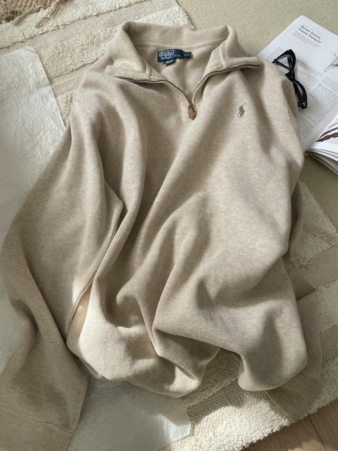 RL Ralph Pony Label Retro Couple Sweatshirt Women Long Sleeve Sweatshirt Men Polo Half Zipper Turn-down Collar Loose American Style