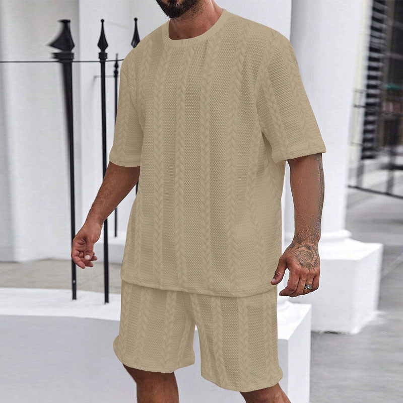 New Knitted Solid Color Jacquard Men's Summer Suit Casual Round Neck Pullover T-shirt Sports Men's Suit