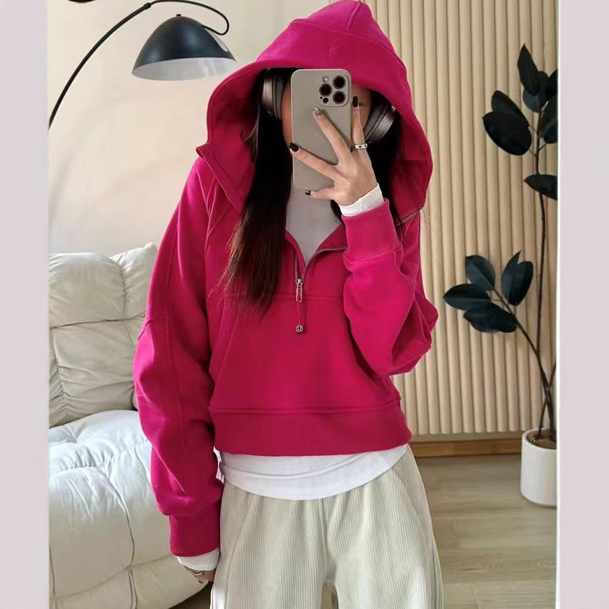 Lulu Same Style Winter Half-Zip Loose Hooded Sweatshirt for Women, Autumn and Winter Fleece-Lined Slim Fit Hoodie Jacket