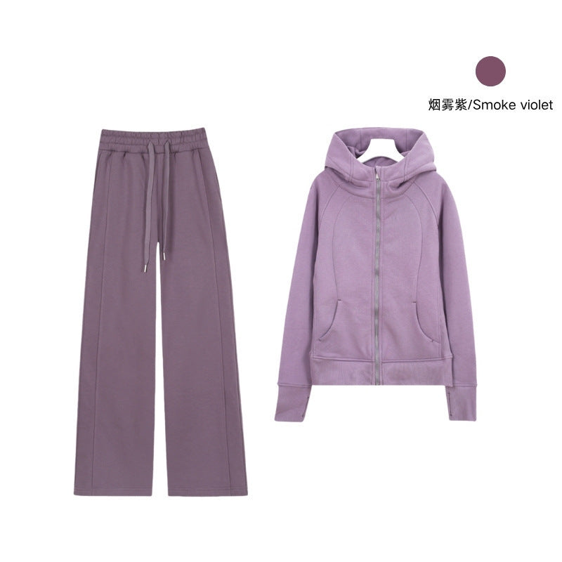 LULU Embroidered Hooded Zipper Cardigan Slim Fit Sweatshirt Set Fleece Lined Full Zipper Cardigan Jacket Gold Label