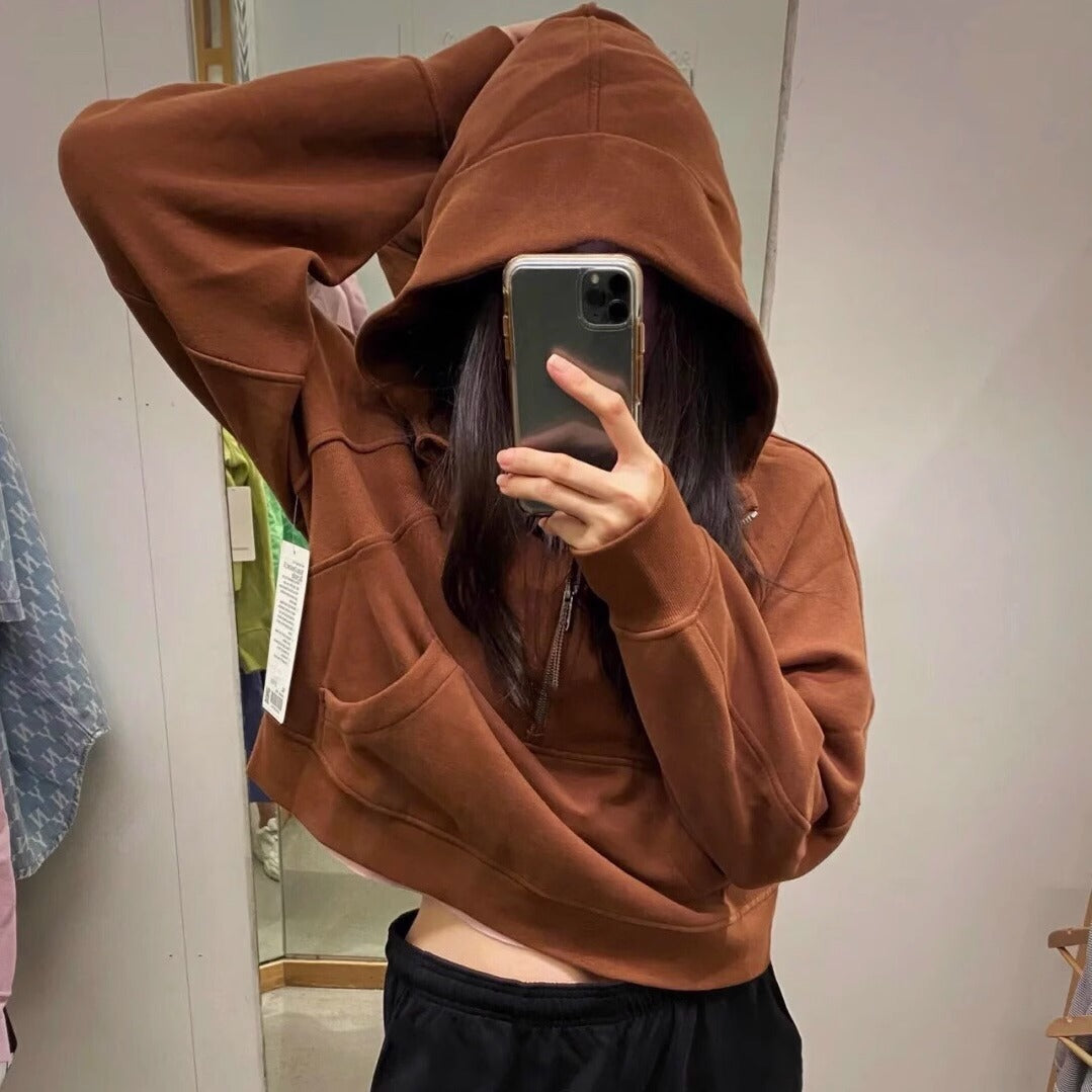Lulu Same Style Winter Half-Zip Loose Hooded Sweatshirt for Women, Autumn and Winter Fleece-Lined Slim Fit Hoodie Jacket