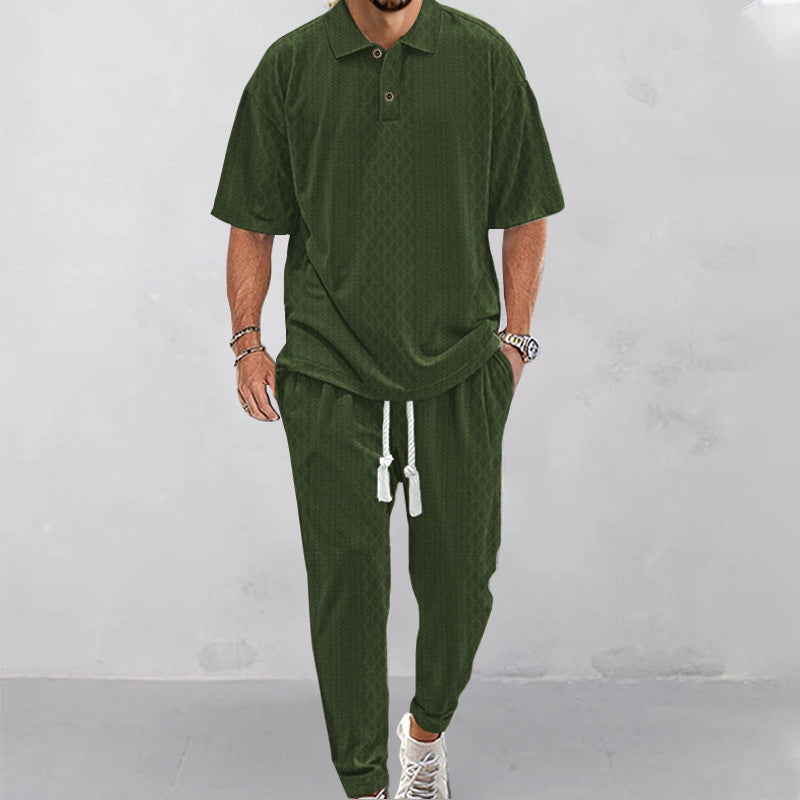 2025  Short-Sleeved Men's T-shirt Loose Leisure Suit Summer Simplicity Solid Color Jacquard Heavy T-shirt Trousers Suit