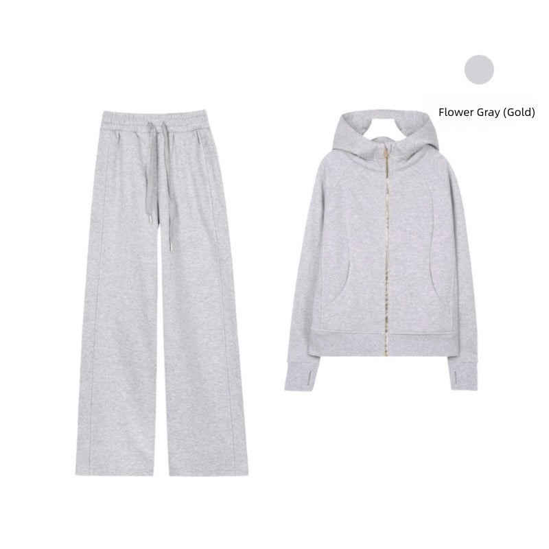 LULU Embroidered Hooded Zipper Cardigan Slim Fit Sweatshirt Set Fleece Lined Full Zipper Cardigan Jacket Gold Label