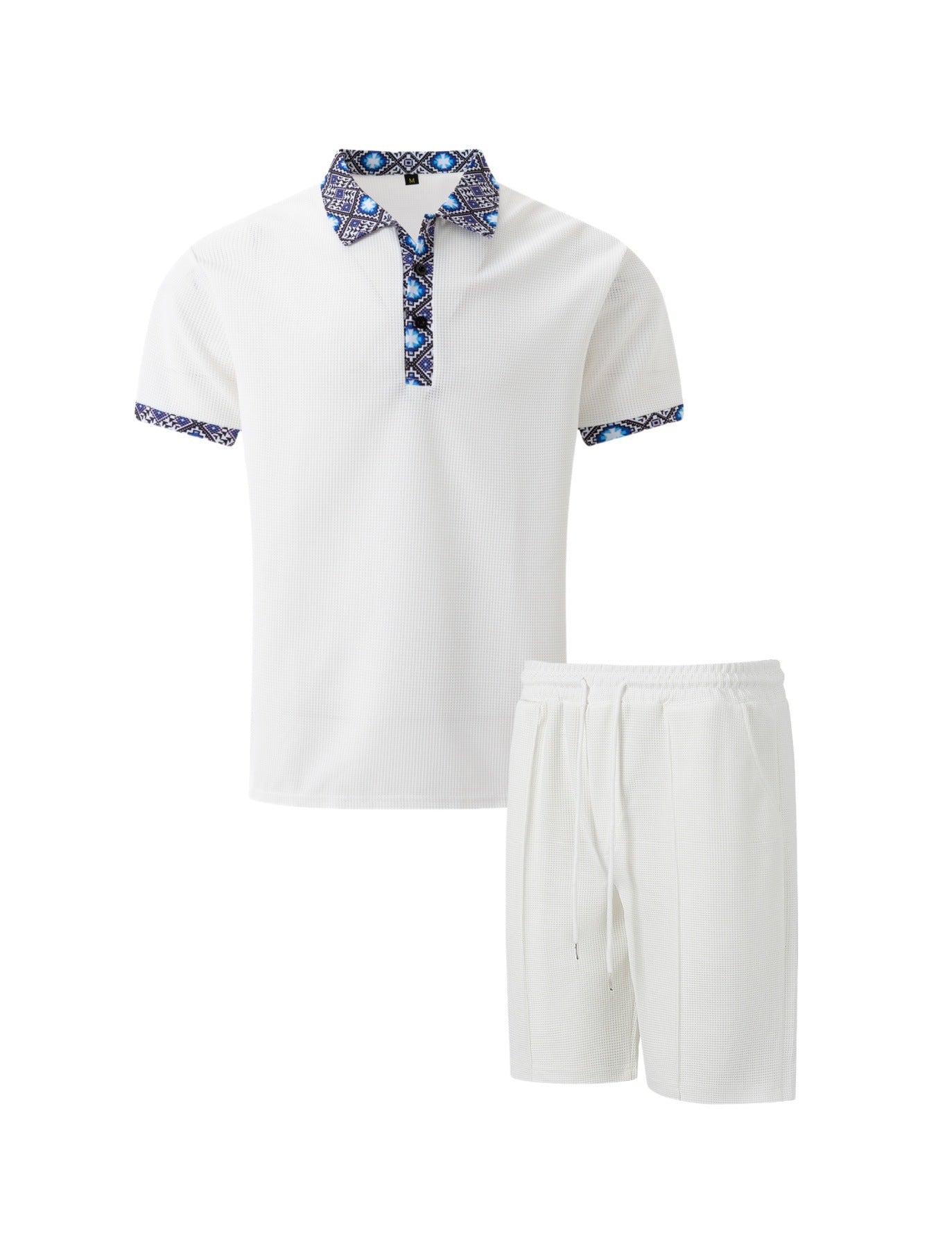Men's New Waffle Zipper Solid Color Turn-Down Collar Short Sleeve T-Shirt Shorts Casual Set