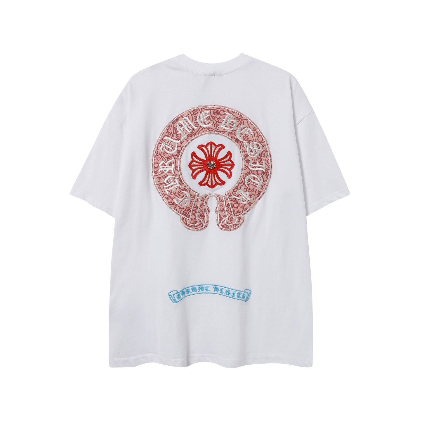 2025 New CHRM Heart Cross Sanskrit Patch Print Embroidery Loose Short Sleeve for Men and Women