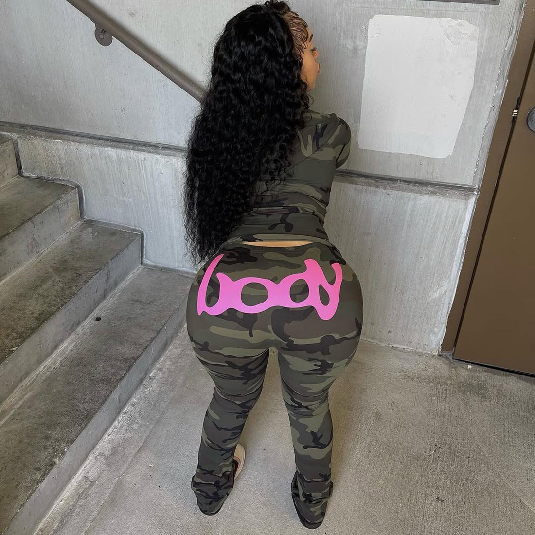 2025 Autumn Women's New Fashion Hooded Camouflage Print Long Sleeve Sports Trendy Slim Fit Long Pants Two-Piece Set