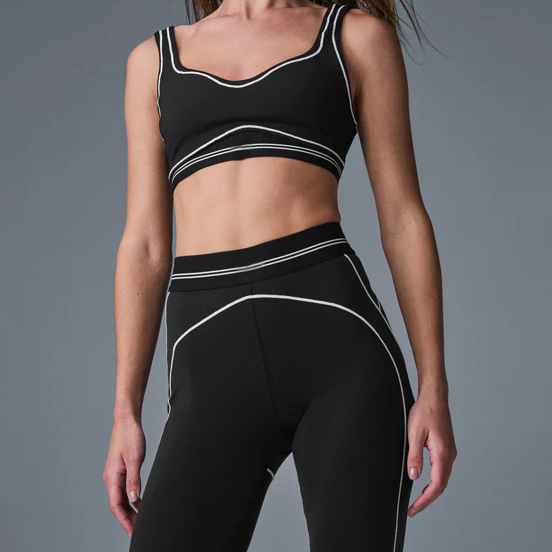 High-Intensity Gathered Bare Sensation Sports Fitness Bra Color-Block Peach Hip High-Waist Yoga Pants Two-Piece Set