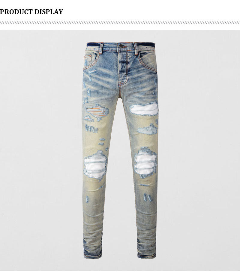 Men's slim fit ripped patches jeans in distressed light blue denim