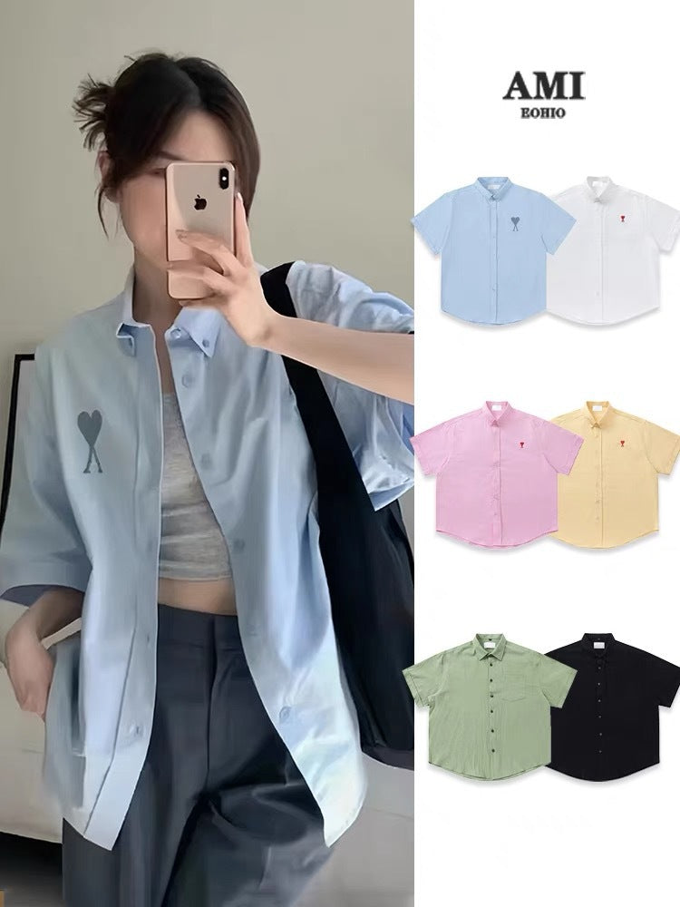 Trendy Brand Am* Small Heart Embroidered Shirt Casual Loose Fit Unisex Couple Style Amy Cotton Long Sleeve Top