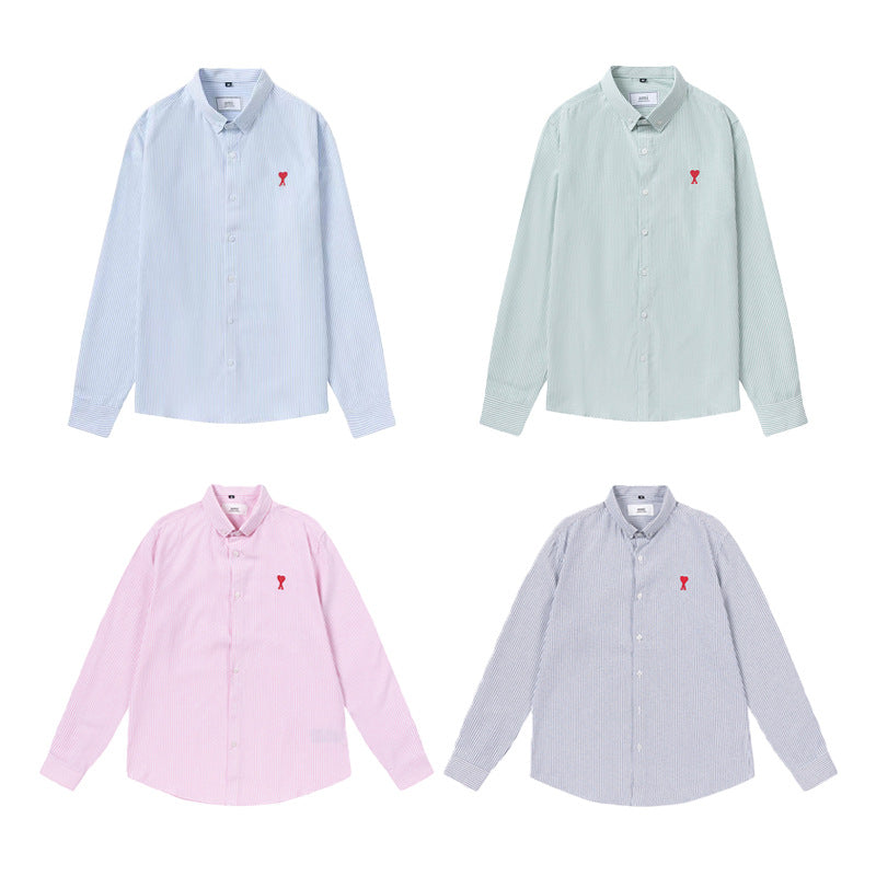 Trendy Brand Am* Small Heart Embroidered Shirt Casual Loose Fit Unisex Couple Style Amy Cotton Long Sleeve Top