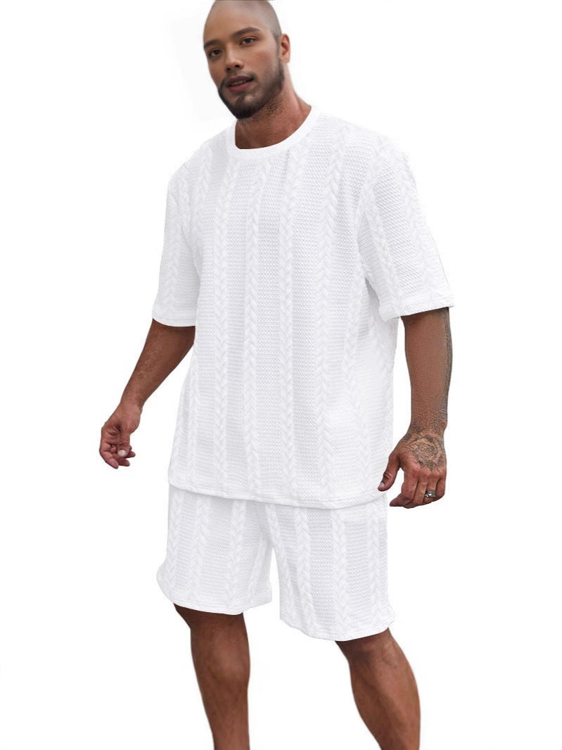 New Knitted Solid Color Jacquard Men's Summer Suit Casual Round Neck Pullover T-shirt Sports Men's Suit