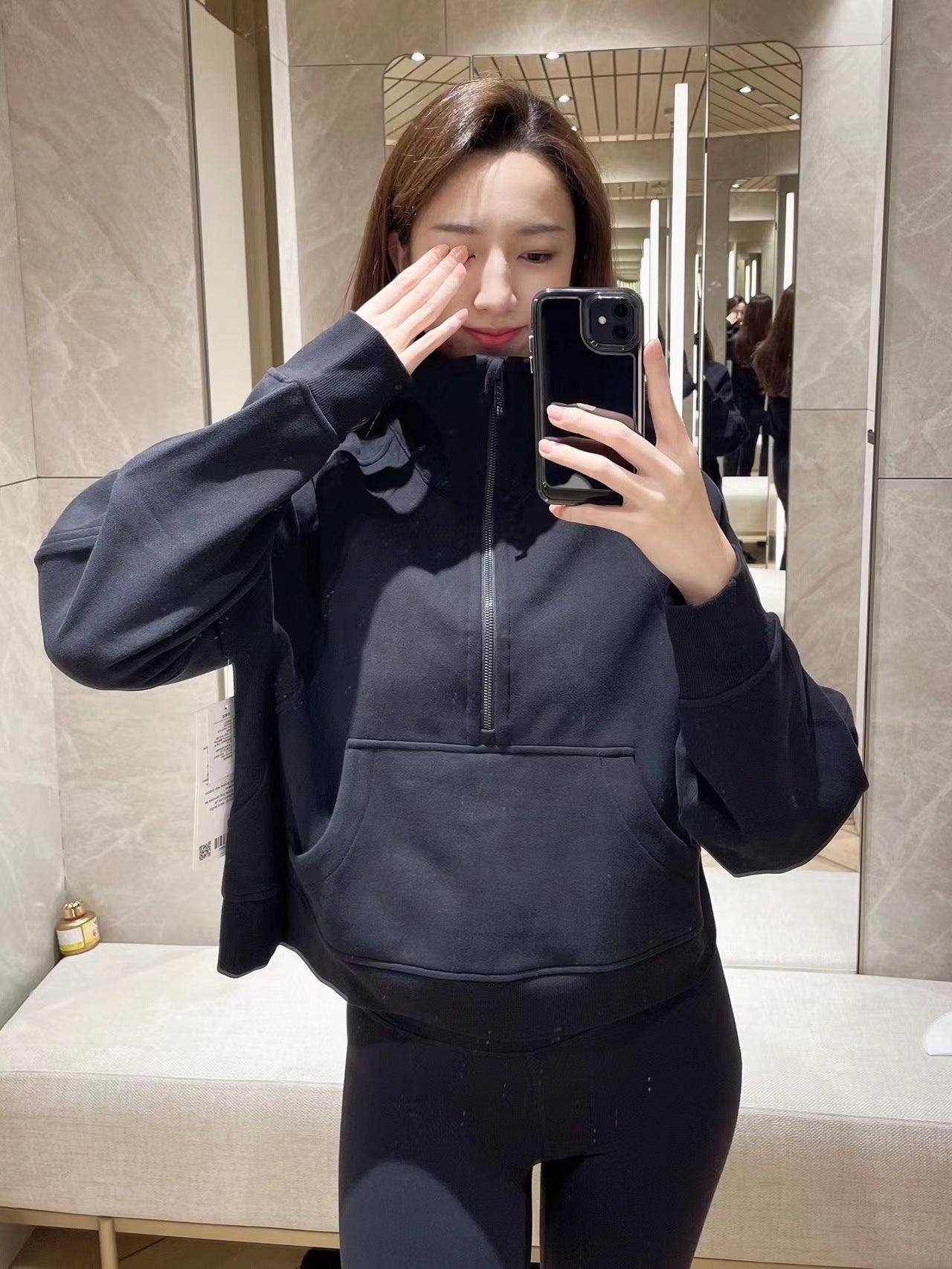 Lulu Same Style Winter Half-Zip Loose Hooded Sweatshirt for Women, Autumn and Winter Fleece-Lined Slim Fit Hoodie Jacket