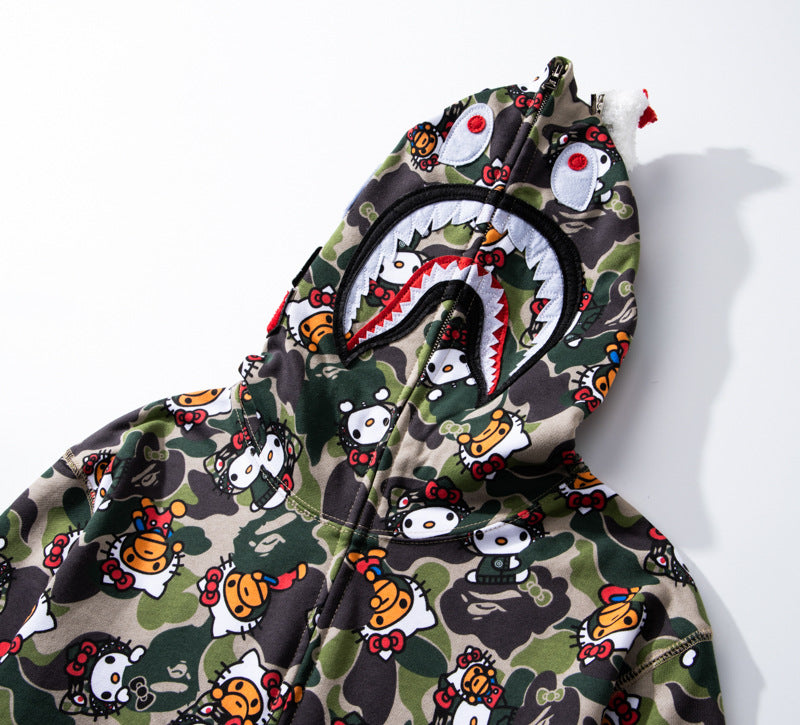 Men's Sweatshirt Shark Cartoon Camouflage Hello Kitty Casual Loose Hooded Top Women's Jacket