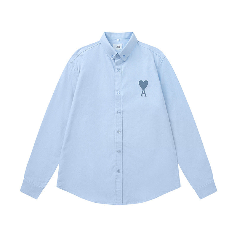 Trendy Brand Am* Small Heart Embroidered Shirt Casual Loose Fit Unisex Couple Style Amy Cotton Long Sleeve Top