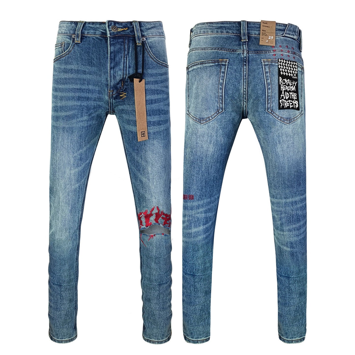 Gmabcd Men's KSB Jeans Straight Leg Ripped Stretch American High Street Casual Men's Jeans